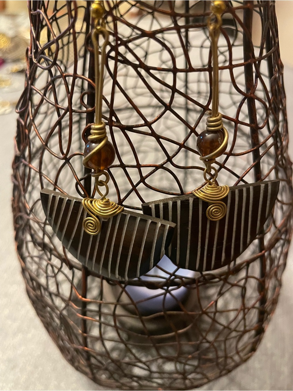Brass & Bone Handcrafted Stripe Half-Moon Earrings with Gold Wire Accents-Maasai